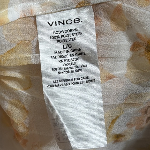 VINCE Pressed Petal Blouse Yellow Floral Pleated Crinkle Semi Sheer Top Shirt L - Picture 11 of 14